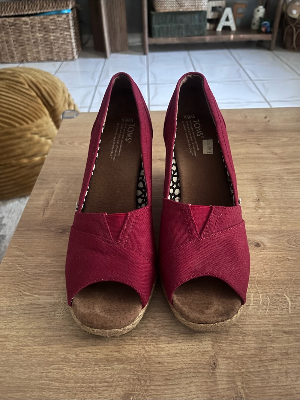 TOMS Red Canvas Peep-Toe Wedge Heels
